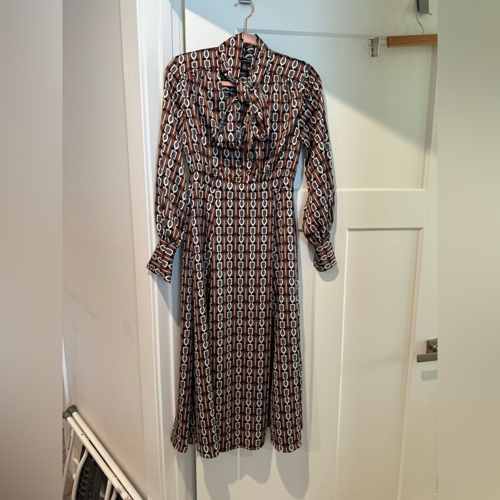 INC International Concepts Geometric Brown Long Sleeve Dress